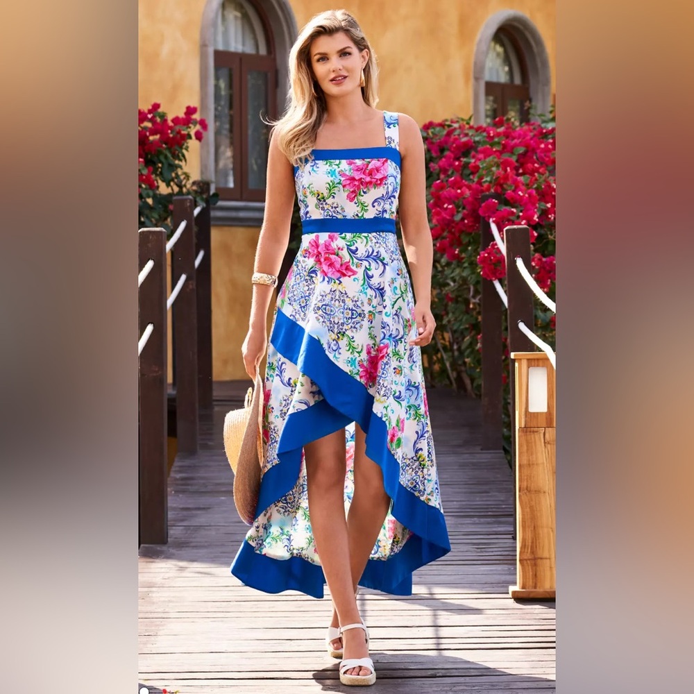 Boston Proper Capri Tiles Print Square Neck High Low Dress Multi